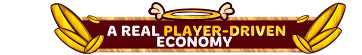 Player Economy Banner – SpiritVale SpiritVale: Banner reads “A REAL PLAYER-DRIVEN ECONOMY” with gold wings and halo icon.