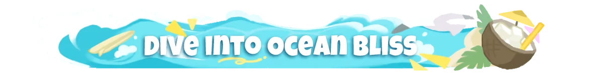 Splash Divers: Blue banner with white text “DIVE INTO OCEAN BLISS” and coconut drink.