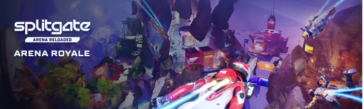 Splitgate 2: Players in futuristic suits fly over a rocky arena with glowing portals below.