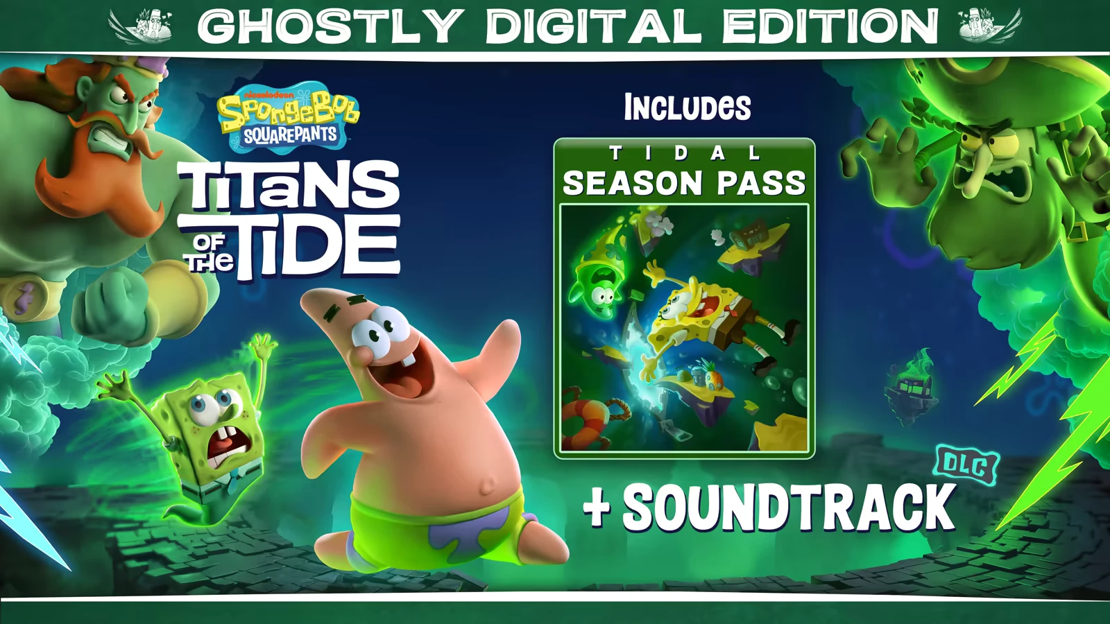 SpongeBob SquarePants: Green ghostly figures, SpongeBob and Patrick scared, "Titans of the Tide" title.