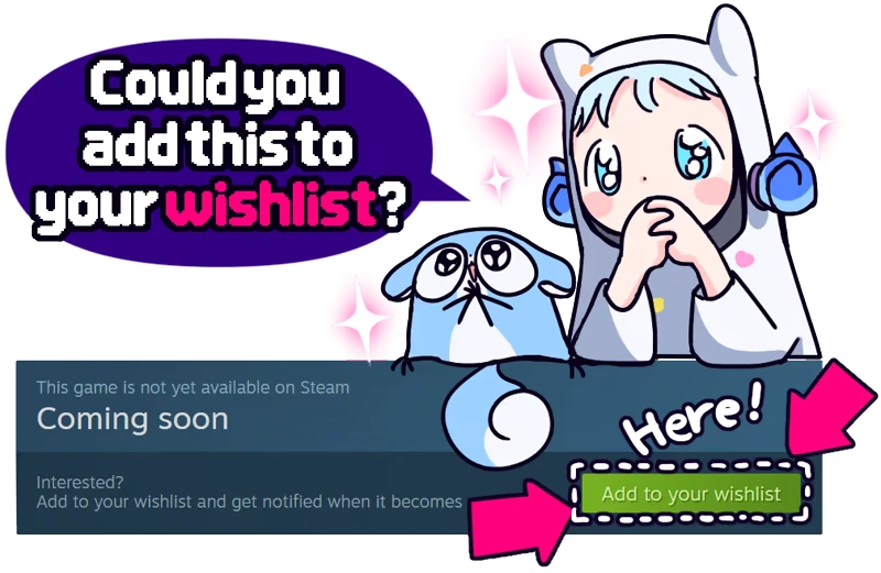 Wishlist Prompt – Spookitchen Spookitchen: Cartoon character and creature with text bubble, "Could you add this to your wishlist?"