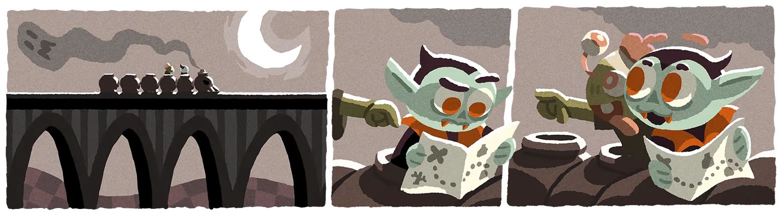 Spooky Express: A vampire reads a map on a train under a full moon, with a zombie pointing.