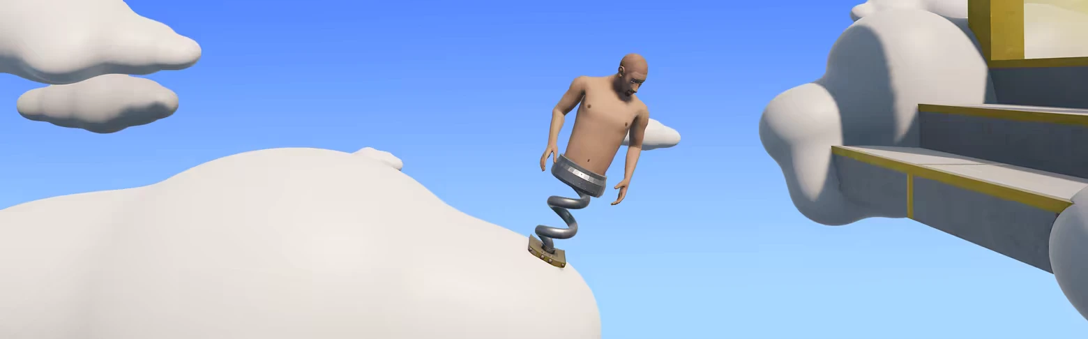 Spring Me Up: A character with a spring lower body bounces on clouds towards floating stairs.