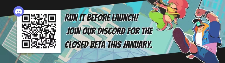 Discord Invite – Sprint City Sprint City: Discord logo, QR code, bold text, two characters jumping, cityscape background.