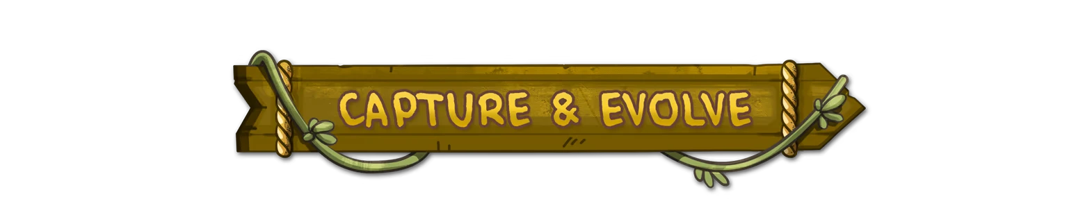 Stackmon: Wooden sign with vines and rope, yellow text reading “CAPTURE & EVOLVE”.