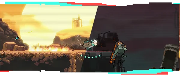 Combat Sunset Duel – STAND-ALONE : Ep.0 STAND-ALONE: Split scene with pixel-art characters, one in daylight, one in dark ruins.