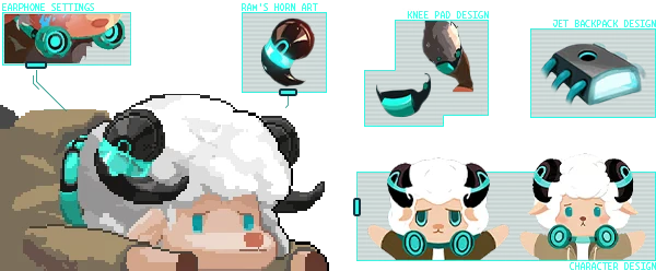 Sheep Character Design – STAND-ALONE : Ep.0 STAND-ALONE: Pixel-art sheep character with headphones, horns, and knee pad designs.