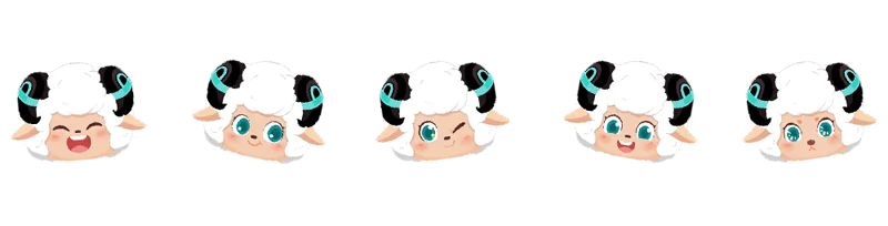 STAND-ALONE: Five sheep-like character faces with teal eyes and black horns, each with a different expression.