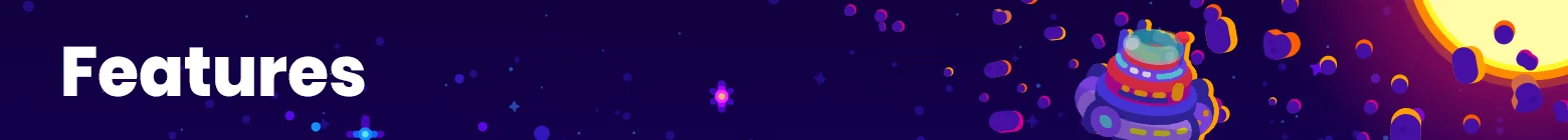 Star Birds: Bold "Features" text, colorful spaceship, and vibrant stars against a dark sky.