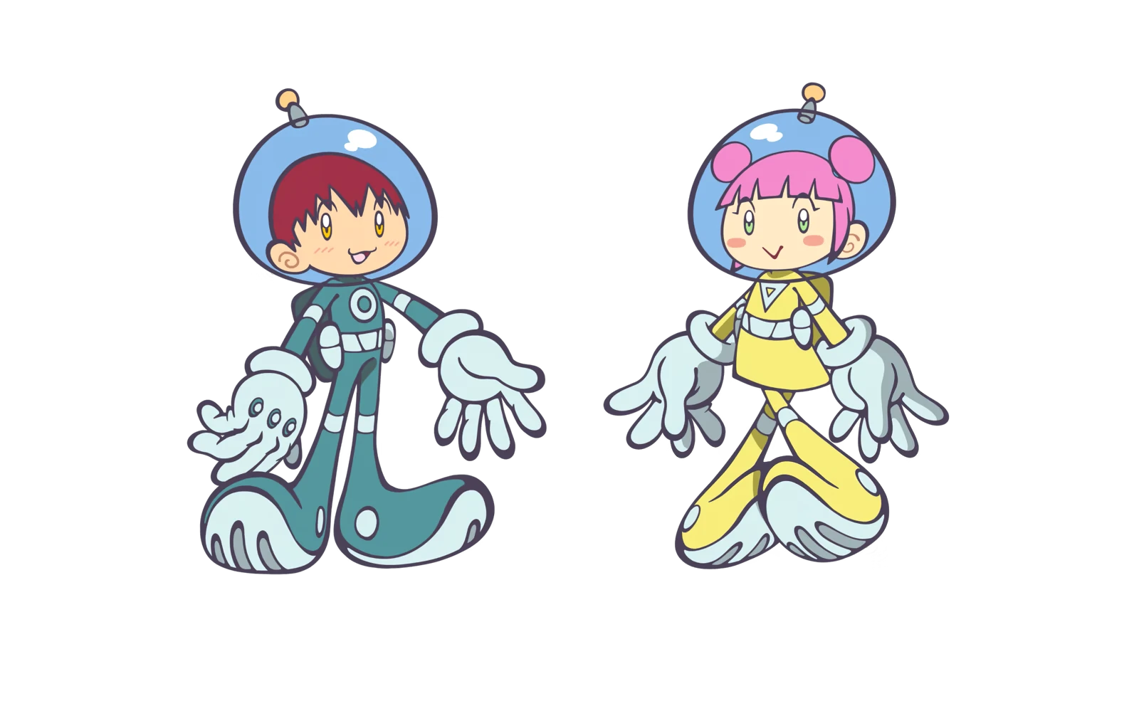 Star Garden: Two cartoon astronauts in colorful suits with large gloves and helmets on a black background.