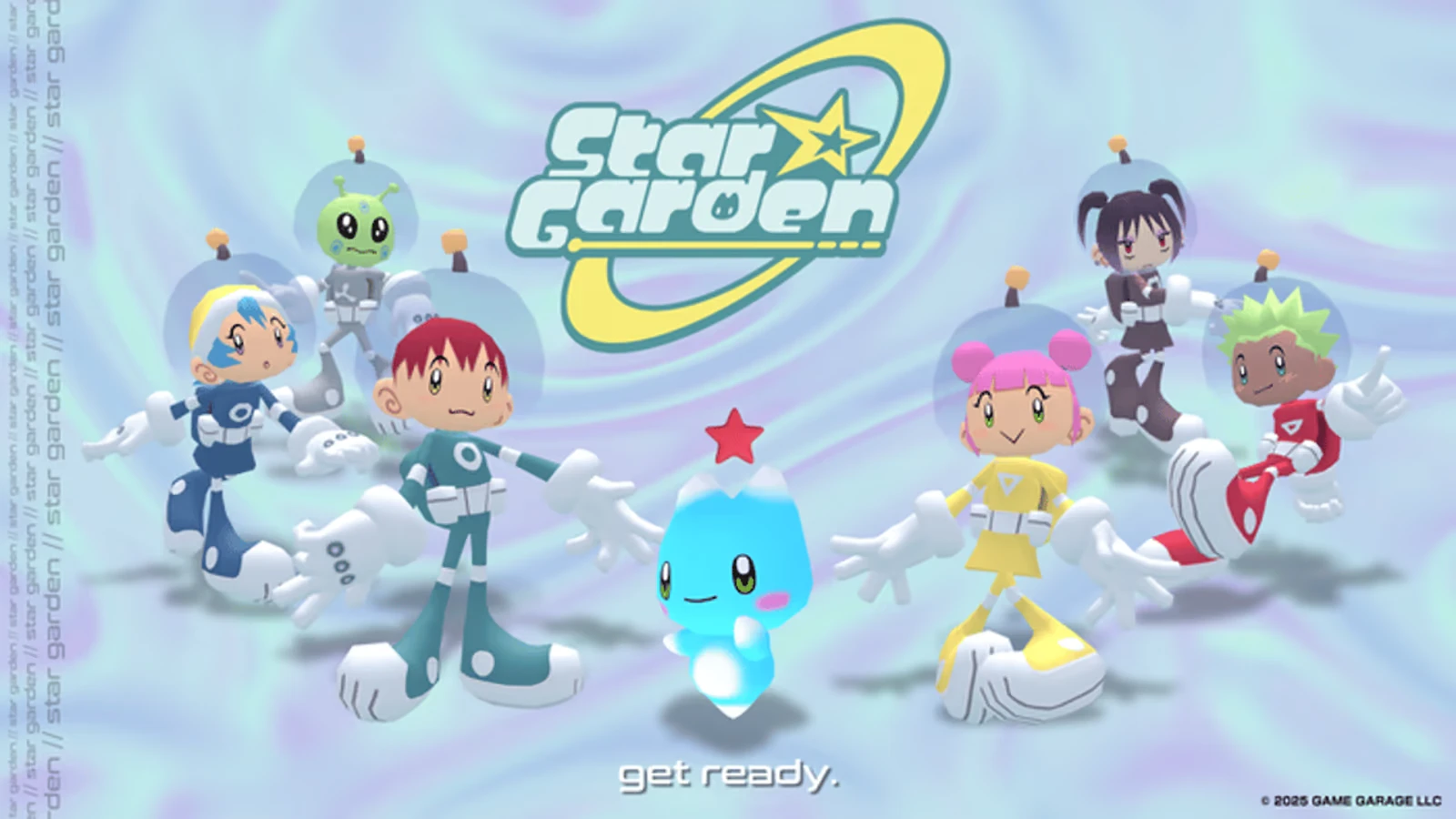 Star Garden: Cartoon characters in spacesuits with a cute blue creature, logo, and "get ready" text.