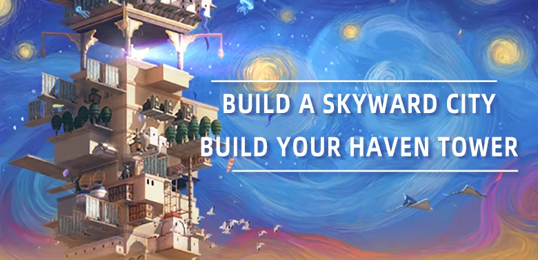 STARIO: A tower with trees and animals against a starry sky. Text: "BUILD A SKYWARD CITY."
