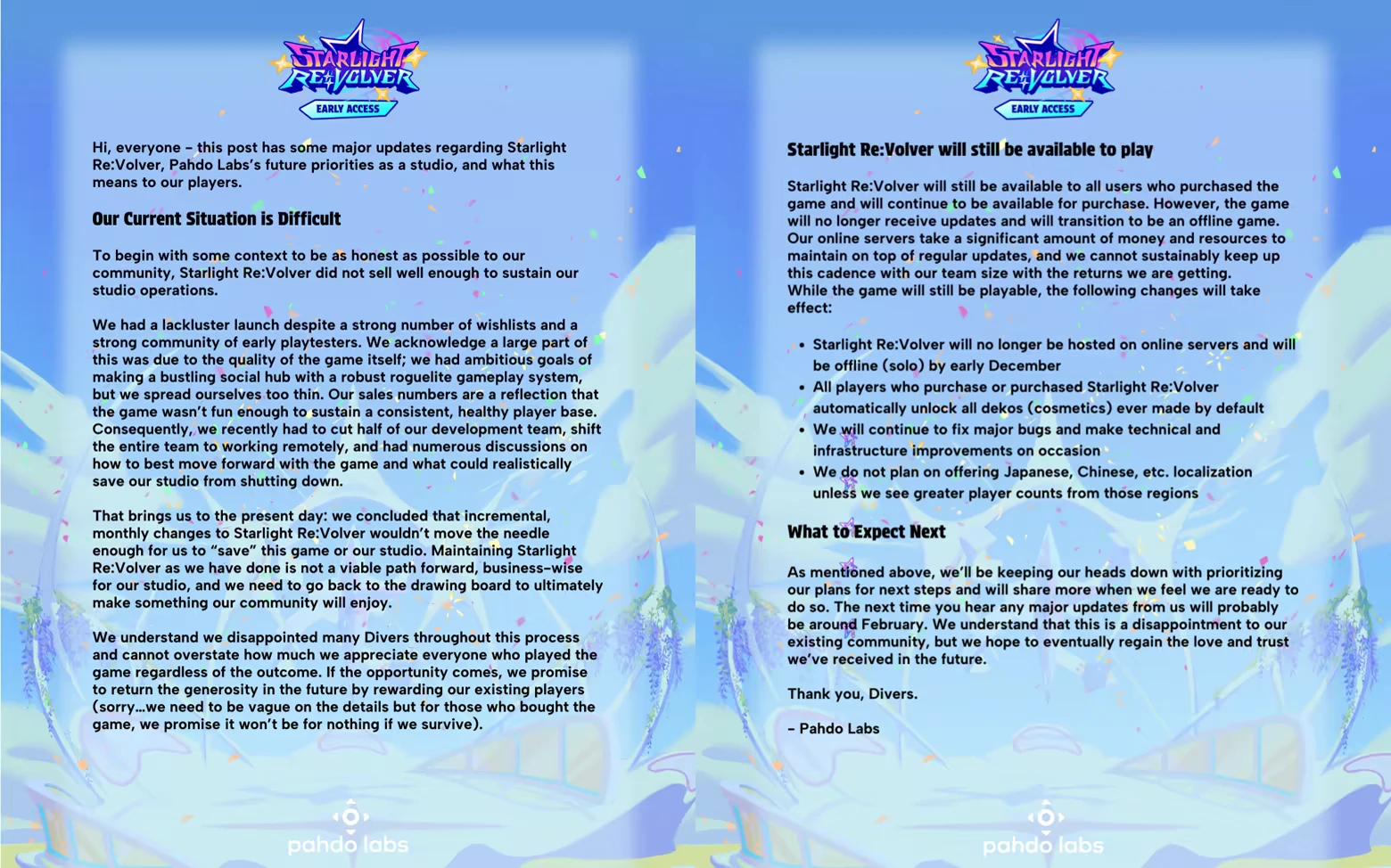 Early Access Update – Starlight Re:Volver Starlight Re: Announcement text on blue background, detailing game updates and future plans.
