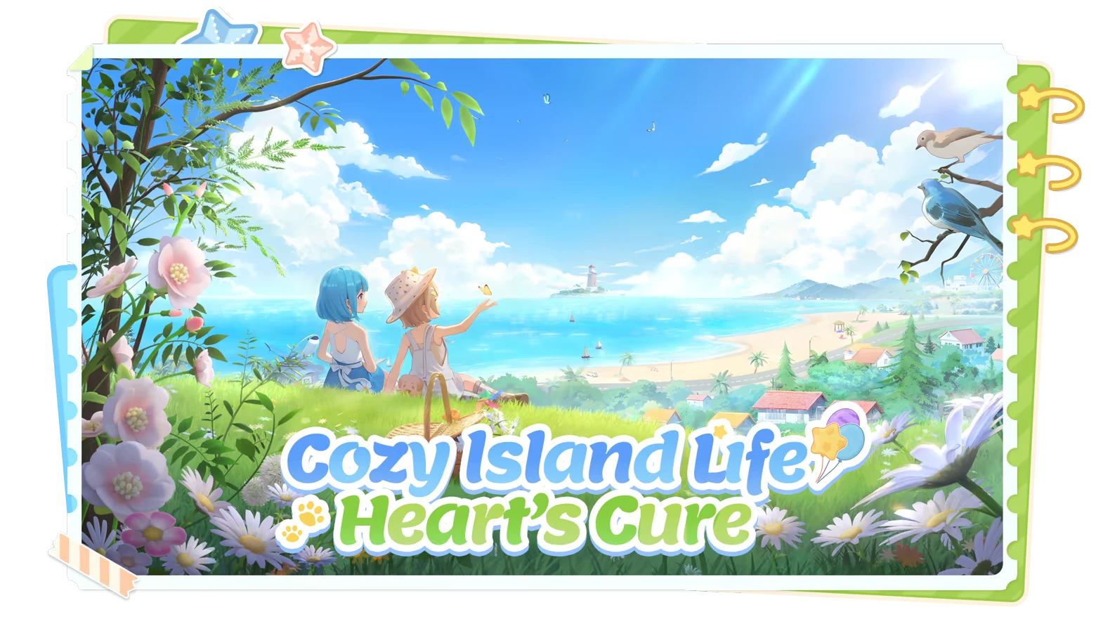 Starsand Island: Two characters sit by the sea, surrounded by flowers, with text "Cozy Island Life: Heart's Cure" in playful font.