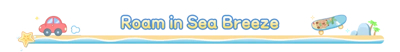 Starsand Island: Cartoon car, starfish, and skateboard on sandy beach with "Roam in Sea Breeze".