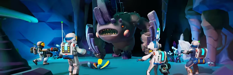 Alien Boss Fight – STARSEEKER: Astroneer Expeditions STARSEEKER: Four astronauts face a huge armored cave monster with glowing red eye.