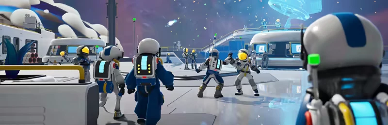 Space Station Crew – STARSEEKER: Astroneer Expeditions STARSEEKER: Astronauts in suits gather on a space station deck under floating confetti.
