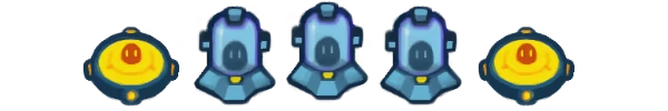 StarVaders: Five cartoonish robot heads, three blue with helmets, two yellow with smiley faces.