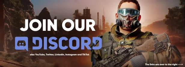 Steel Ark: Character in tactical gear with gas mask; "JOIN OUR DISCORD" text in bold.