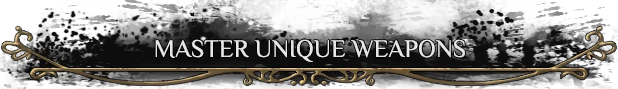 Steel Effigy: "Master Unique Weapons" text with ornate gold decorative lines on black background.