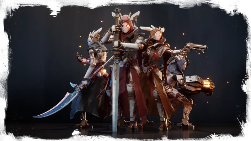 Steel Effigy: Four armored figures with glowing eyes wield swords and guns in a dark setting.