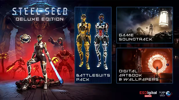 Deluxe Edition – Steel Seed Steel Seed: Deluxe Edition cover with armored characters, battlesuits, and digital content previews.