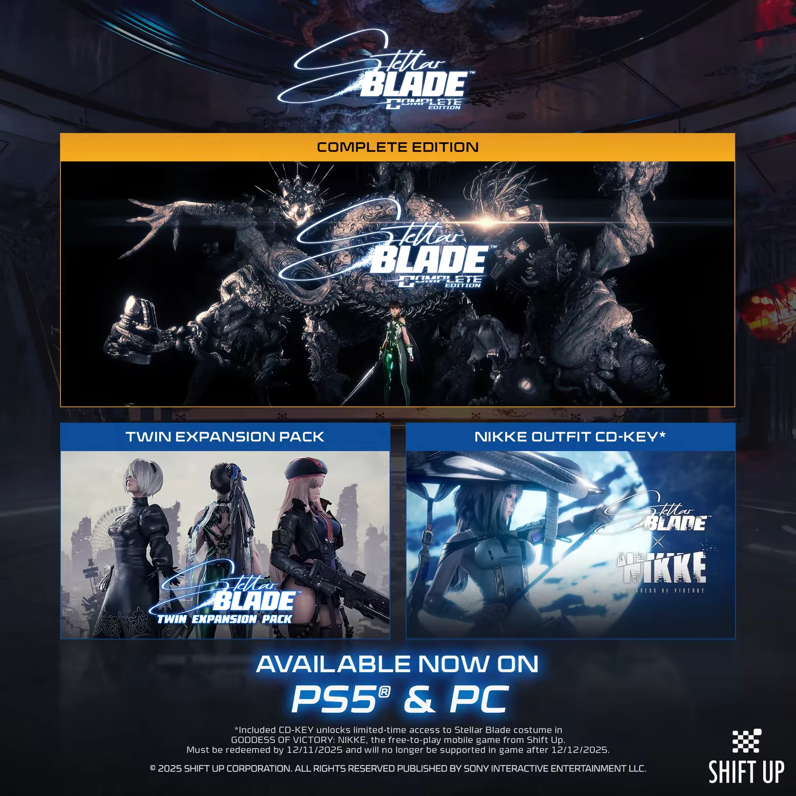 Complete Edition – Stellar Blade™ Stellar Blade™: Complete Edition cover with characters and expansion pack images, PS5 & PC text.