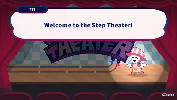 STEP THEATER: Dialogue box says “Welcome to the Step Theater!” above a stage mascot.