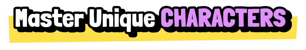 Stickerino: Banner text “Master Unique CHARACTERS” in white and purple on black.