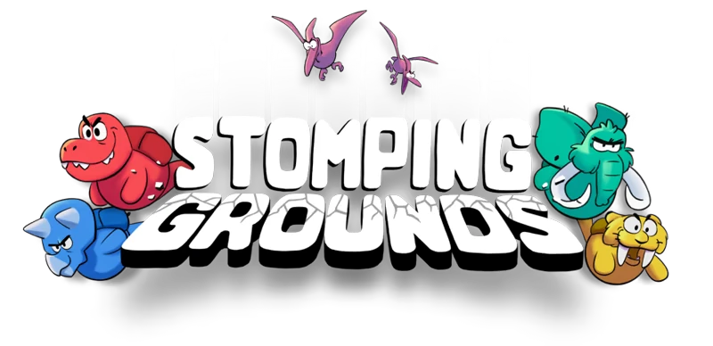 Stomping Grounds: Cartoon dinosaur, mammoth, and walrus surround bold white title text.