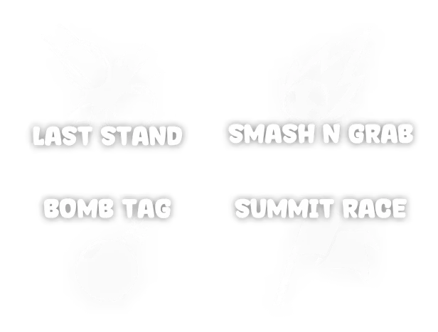 Stomping Grounds: Four game modes with bold icons and text: Last Stand, Smash N Grab, Bomb Tag, Summit Race.