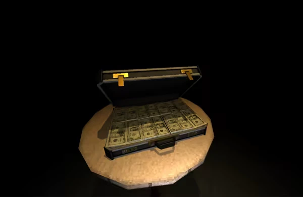 Cash Briefcase – Stop The F Stop The F: Open briefcase of cash on a round wooden table in a dark room.