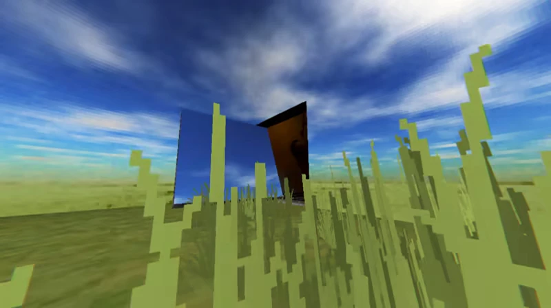 Floating Mirror Door – Stop The F Stop The F: Pixelated grass field with floating blue panels under a cloudy sky.