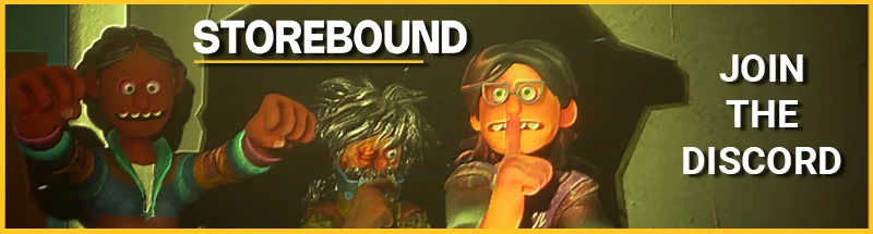 Storebound: Three characters with shocked expressions; text reads "JOIN THE DISCORD."