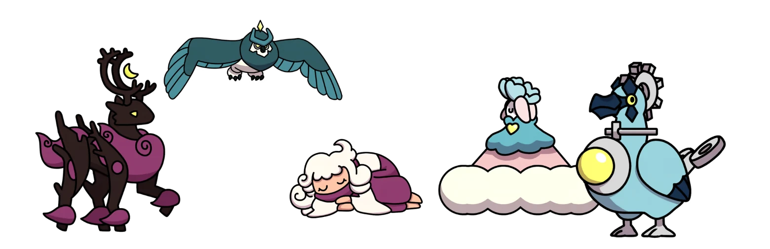 Dreamkin Lineup – Stories of Somnia Stories of Somnia: Cartoon creatures: deer, owl, sleeping girl, cloud sheep, robot bird.