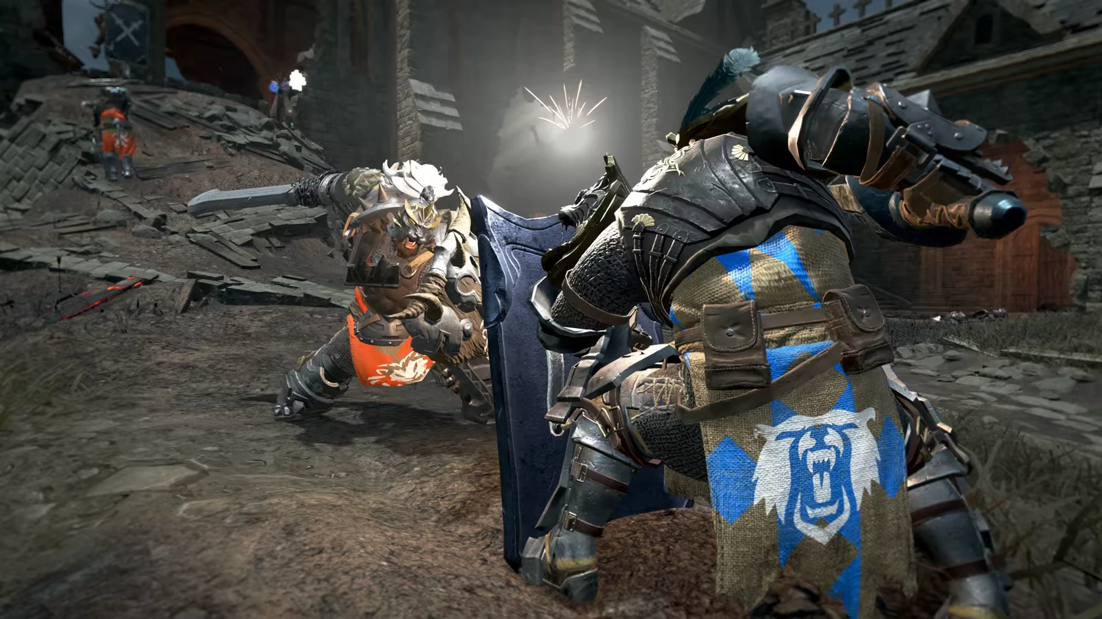 Stormlander: Two armored warriors clash, one with a shield and blue bear emblem, in a ruined courtyard.