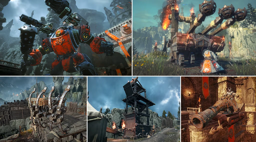 Stormlander: Five scenes of siege warfare with giant robots, catapults, and medieval fortresses.