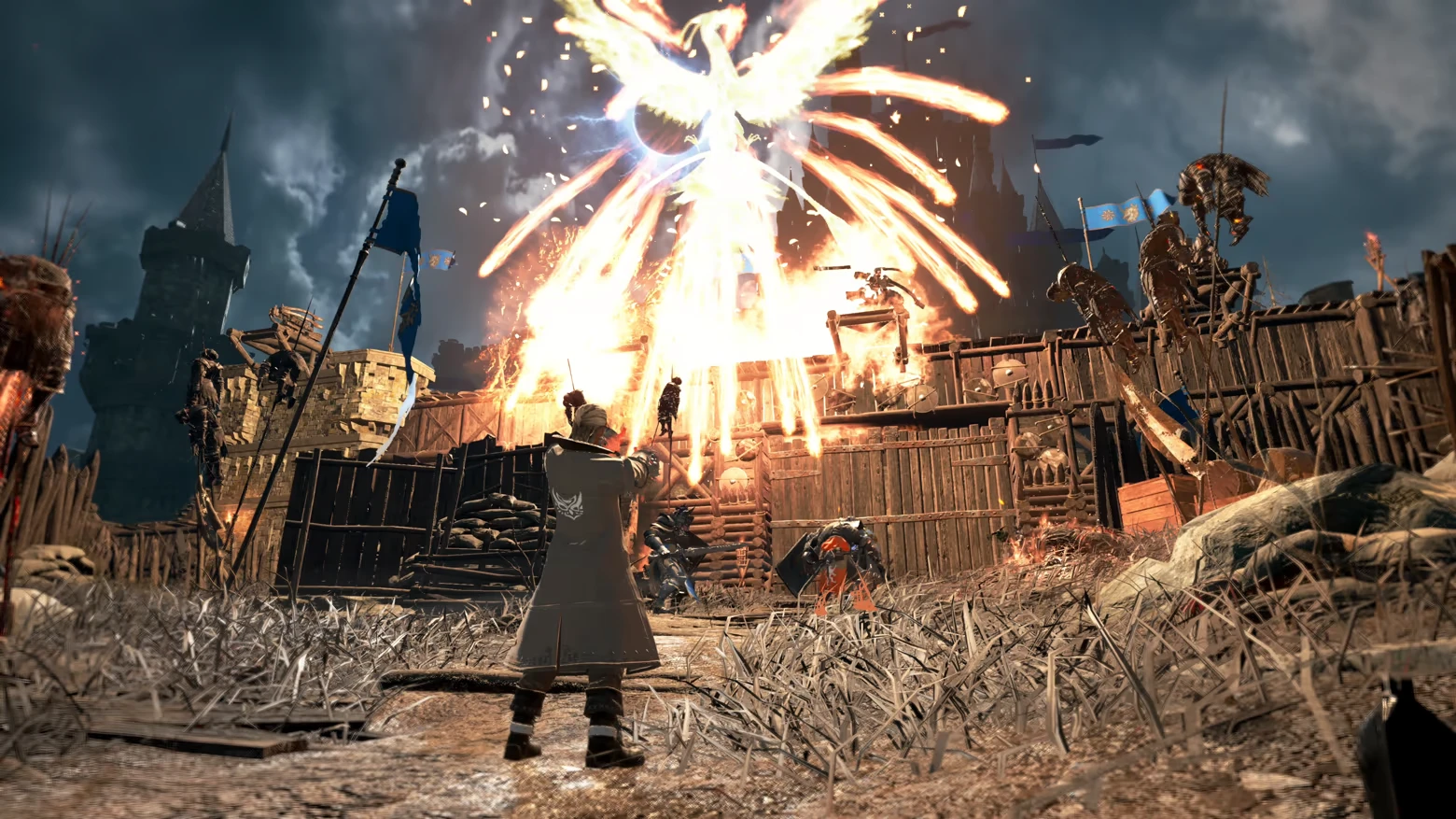 Stormlander: A character in a coat summons a fiery phoenix above a wooden fortress under siege.