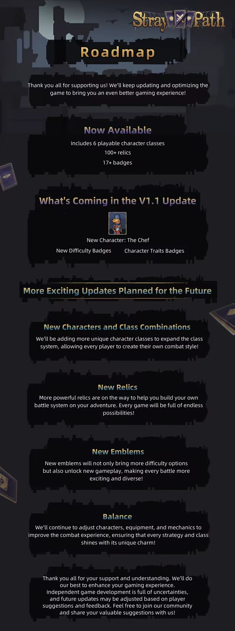 Stray Path: Roadmap with updates, new character "The Chef," and upcoming features.