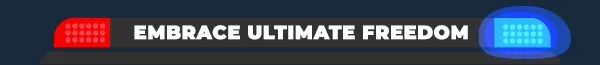 Streets of Rogue 2: Text "EMBRACE ULTIMATE FREEDOM" on a dark bar with red and blue lights.