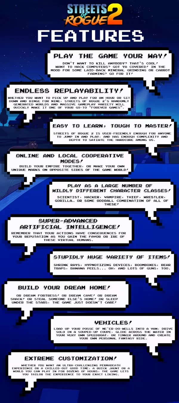 Streets of Rogue 2: Features list with pixelated speech bubbles highlighting game elements.