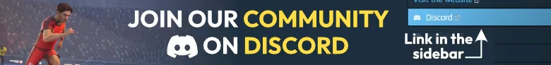 Discord Promotion – Strikers Club Strikers Club: Footballer in red kit running; text "JOIN OUR COMMUNITY ON DISCORD" in bold.