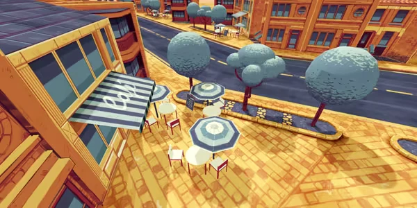 City Cafe Street – Stunt Xpress Stunt Xpress: Cartoon city street with cafe umbrellas, tables, and round blue trees.