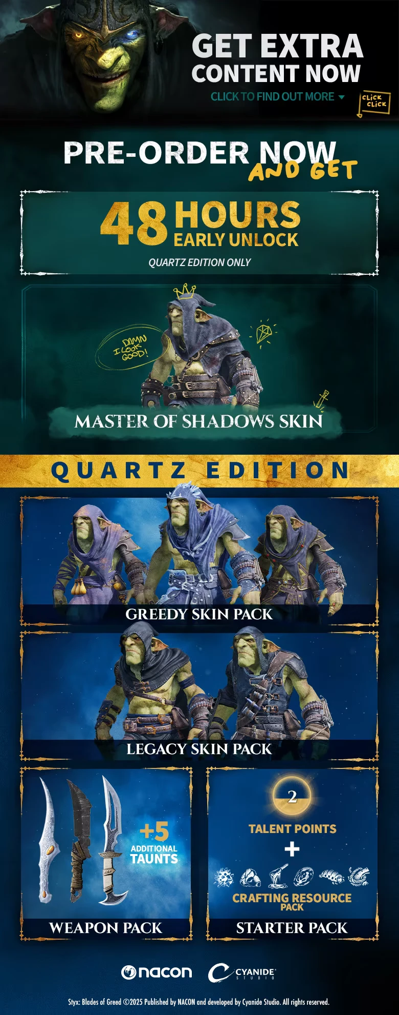 Styx: Goblin character with glowing eyes, pre-order bonuses, and various skin and weapon packs.