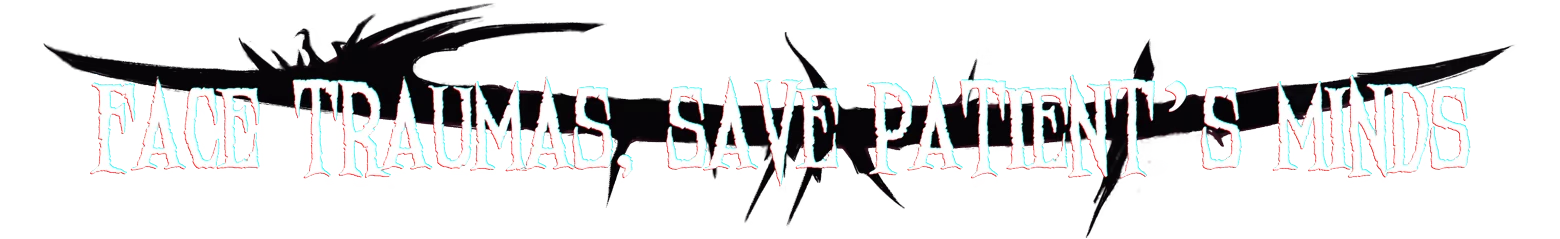 Face Traumas Slogan – Submind Submind: Glitchy white text reading "FACE TRAUMAS - SAVE PATIENT'S MINDS" on black.