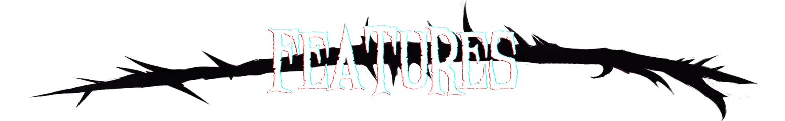 Feature Title – Submind Submind: Glitchy white text “FEATURES” with cyan and red outlines on black background.