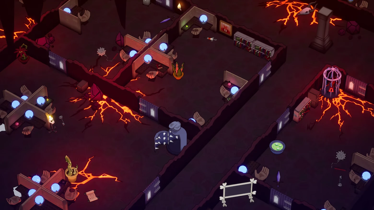 Suck It Up!: Office maze with glowing orbs, lava cracks, giant hands, and a locked cage.