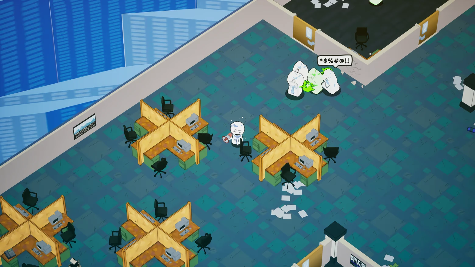 Suck It Up!: Cartoon office scene with cubicles, a character holding a sign, and angry speech bubble.