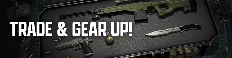 Sudden Attack Zero Point: “TRADE & GEAR UP!” text over guns, knife, grenade in case.