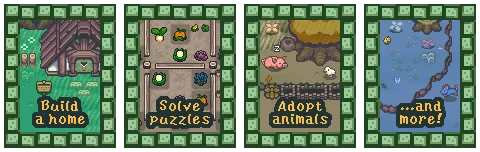 Sudoku Acres: Four panels show a house, crops, animals, and nature with text like "Build a home."